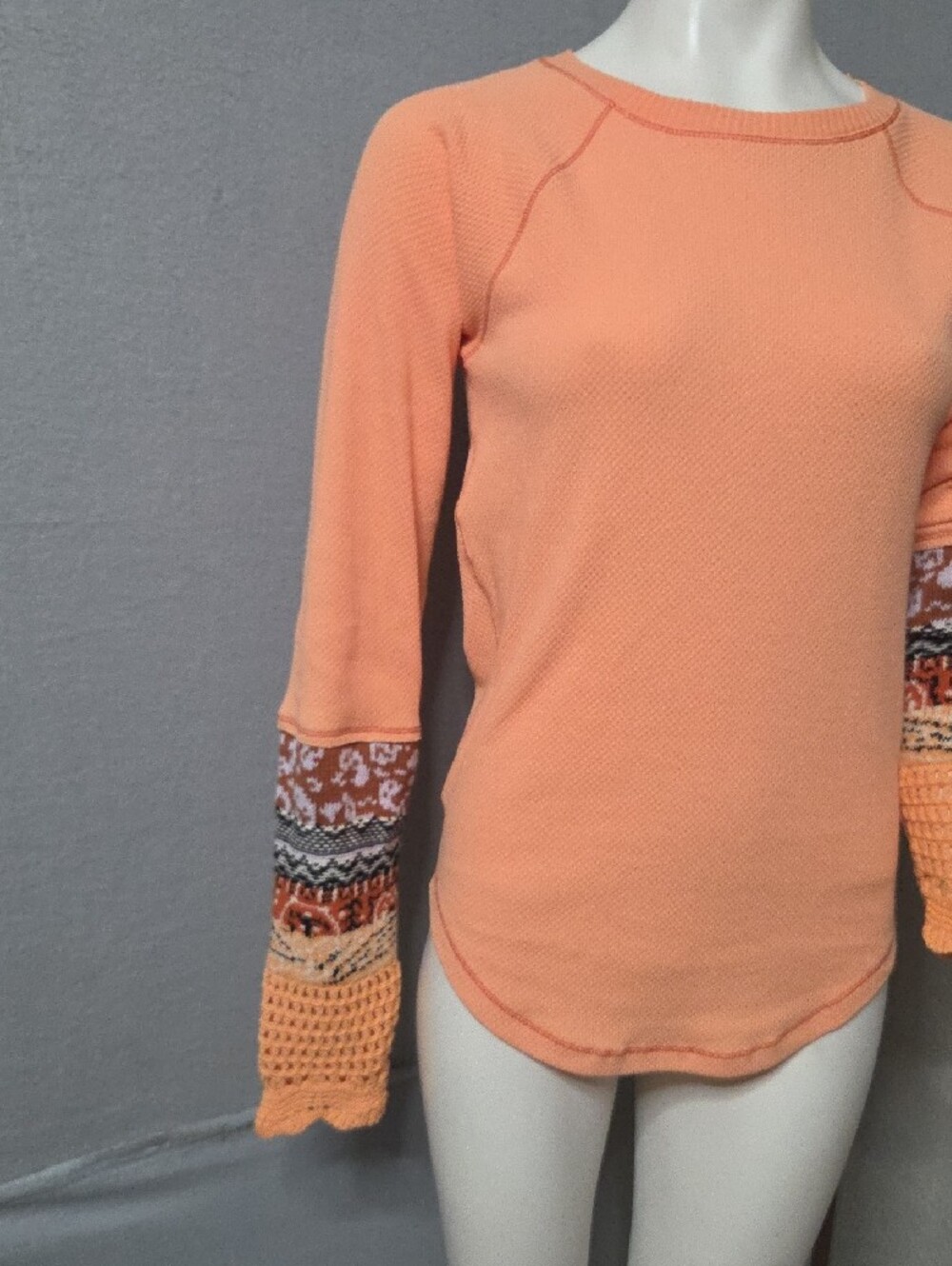 Free People Peach Crewneck Sweatshirt with Patterned Crochet Cuffs - Picture 4 of 8
